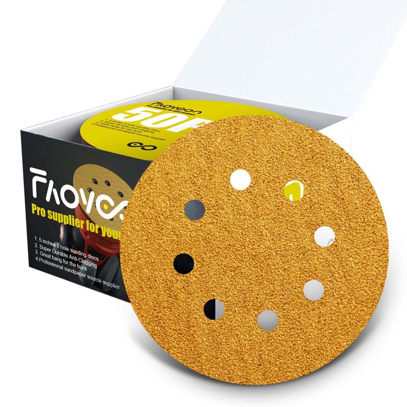 Faoyoon 5 Inch Sanding Discs Hook and Loop | 60/80/120/220/320 Grit Sandpaper Assortment | Orbital Sander Pads | Sand Paper for Automotive and Woodworking | 50 Pack - Image 1